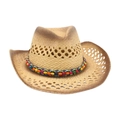 Chapeau de cowboy en paille avec perles ethniques et tissage ajouré ton naturel - Khaki 2 (Grandes Perles)