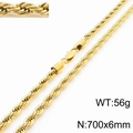Golden stainless steel twist rope chain necklace 6mm wide 700mm long for men and women - 700x6mm(KN231493-Z)