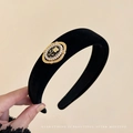Elegant black velvet padded headband with vintage gold rose and pearl floral ornament - Pearl Rose Metal Style / Black
