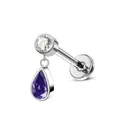 Detail view of F136 titanium stud with teardrop purple stone and clear zircon accents - 1.2*6mm / Titanium Color + Purple Blue