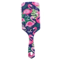 Cartoon hair brush with pink flamingo and green leaves print on dark blue handle - Toucan and Monkey Pattern