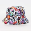 Blue bucket hat with graffiti pop art print featuring cartoon eyes and text on white background - M (56-58cm) / Graffiti Art Print (#14)