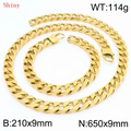 Golden hip hop cuban chain set with 9mm wide necklace and bracelet in shiny finish - Necklace 65cm + Bracelet 21cm (KS220800-Z)