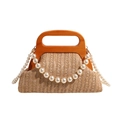 Striped woven crossbody bag with wooden handle and elegant pearl chain strap - Khaki