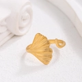 Minimalist gold ginkgo leaf stainless steel open ring with 3D leaf texture on white background - Ginkgo Leaf (JR046-G7)