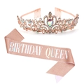 Rose gold birthday queen set featuring a sparkling rhinestone tiara and pink glitter sash - One Size / Rose Gold Crown + Rose Gold Queen Sash