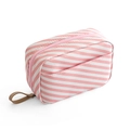 Trousse à maquillage rayée rose et blanc avec poignée en similicuir marron - Rose Rayures Grand