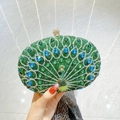 Green peacock shaped clutch bag with sparkling rhinestones and golden ball clasp closure - Green