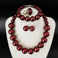 Elegant deep red pearl jewelry set with necklace bracelet ring and earrings in gold - Red Coffee Set