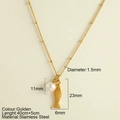 Golden stainless steel necklace featuring a fish and pearl pendant with detailed sizing - Imitation Pearl + Fish(25200)