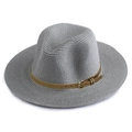 Classic grey wide brim panama straw hat with brown faux leather band and metal buckle - One Size(58cm) / Gray