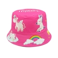 Detail of pink kids bucket hat with unicorn and rainbow print on soft fabric - Head Circumference 52-54cm / Rose Red