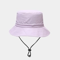Detail of lavender sun hat with adjustable polka dot windproof drawstring and sturdy stitching - Light Purple