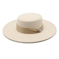Elegant beige wool boater hat with a golden satin ribbon and sparkling rhinestone buckle - M (56-58cm) / Beige