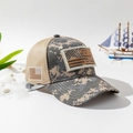 Tactical camo baseball cap with US flag velcro patch on a white sand background - M / Beige Digital Camo / Beige Flag