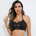 Crop top halter in denim nero con lacci frontali e bordi sfrangiati per clubwear - S / Tops / Nero