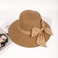 Tan straw sun hat with elegant bow and pearl trim detail for women - One Size / Khaki