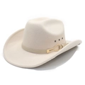 Beige western cowboy hat with leather band and gold buckle on a clean white background - M(56-58cm) / Beige