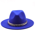 Close-up of royal blue wide-brim fedora hat with a chunky gold chain strap detail - Sapphire Blue