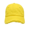 Detailed close-up of distressed brim and torn fabric on the yellow vintage baseball cap - M (56-58cm) / Yellow