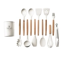 Set di 12 utensili da cucina in silicone bianco crema con manici in bambù e supporto - Bianco Latte Set da 12 Pezzi Con Secchiello Grande (Versione Pesante)