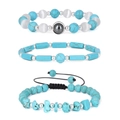 Three-piece turquoise stretch bracelet set featuring round beads and flat rectangular stones - Three-Piece Set / Turquoise