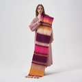 Rainbow striped winter scarf with pom-pom tassels shown on a professional model - 37*210cm / Rose Pink Striped Pom Pom