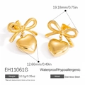 18K gold plated stainless steel bow and heart earrings with waterproof finish - Gold Bow Heart Drop Studs EH11061G