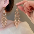Detail of elegant gold tassel earrings with pink beads worn by a model in soft lighting - 55# Hook-Champagne
