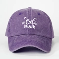 Detailed view of Cat Mom embroidery on purple washed vintage style baseball cap - Purple