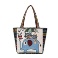 Ethnic style woven canvas tote bag featuring elephant owl motifs and colorful strap - Yellow Umbrella Elephant Double Sided