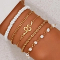 5-piece gold layered chain bracelet set with snake charm and white beads for women - Gold Snake Pearl Beaded 5-Piece Set (0236)