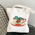 White canvas tote bag featuring cute frogs in a mushroom teacup illustration - C10-Frogs In A Teacup (No Zipper No Pocket)