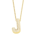 Detailed view of golden letter J pendant necklace with micro-paved sparkling crystals - Gold-J