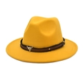 Detailed view of yellow fedora hat with bull head ornament and metallic stud band - M(56-58cm) / Yellow