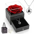 Preserved rose gift box with silver heart projection necklace and luxury gift bag set - White Gold Heart Necklace and Rose Gift Box