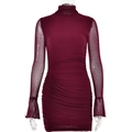 Robe moulante bordeaux à col montant, manches évasées en tulle et fronces - S / Bordeaux