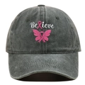 Detail of embroidered pink ribbon and butterfly on washed charcoal denim baseball cap - Adjustable / Green