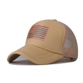 Detail view of khaki trucker hat with breathable mesh and American flag patch - Khaki