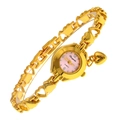 Detail of a gold heart charm bracelet watch with a pink dial and quartz movement - Gold/Pink Dial