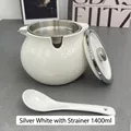 Contenitore in ceramica bianca da 1400ml con filtro in acciaio e cucchiaio lungo - Bianco Argento Doppio Orecchio-1400ml-Con Filtro e Cucchiaio