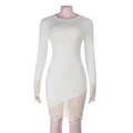 Elegant off-white knit mini dress with lace long sleeves and bodycon fit for women - S / Apricot