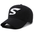 Klassieke zwarte katoenen baseballpet met wit 3D geborduurd S-logo voor heren en dames - Verstelbaar / Zwart