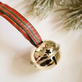 Champagne gold Christmas bell ornament with star cutouts and a red plaid ribbon tie - 4cm Champagne Bell Red Green Plaid Strap 3 Pieces