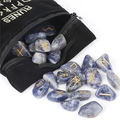 Blue and white sodalite rune stones set with golden symbols and black velvet pouch - Blue Sodalite