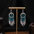 Bohemian silver tribal earrings with turquoise beads and delicate feather charms - E4586-2 Blue Feather Beaded
