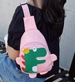 Pink nylon dinosaur crossbody chest bag for kids featuring cute cartoon patch and strap - Pink