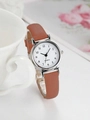 Detail view of a small ladies' quartz watch with silver case and brown leather strap - Brown Faux Leather Strap
