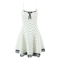 Französisches Vintage Polka-Dot-Kleid in Weiß mit schwarzen Spitzenbesatz und kleiner Schleife - S / Punkte