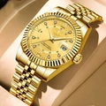 Luxury men's gold steel watch with diamond markers, Roman numerals and calendar window - Full Gold with Gold Dial (EU Standard Butterfly Buckle)